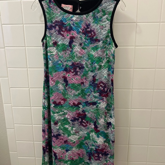 Phoebe Couture Sleeveless Shift Dress in Green, Pink & Purple with Black Trim - Picture 5 of 7
